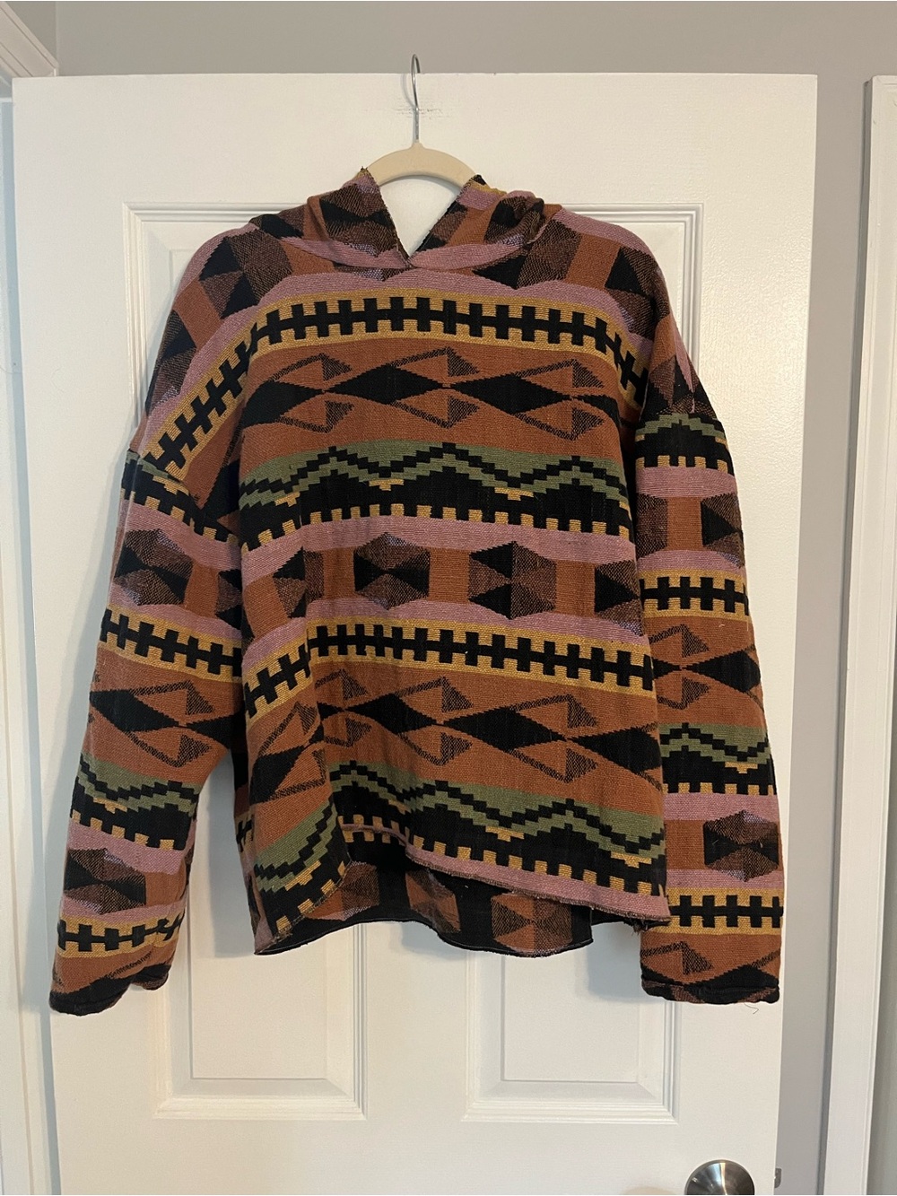 Handmade Boho Patterned Hooded Pullover Sweatshirt in Pink & Brown